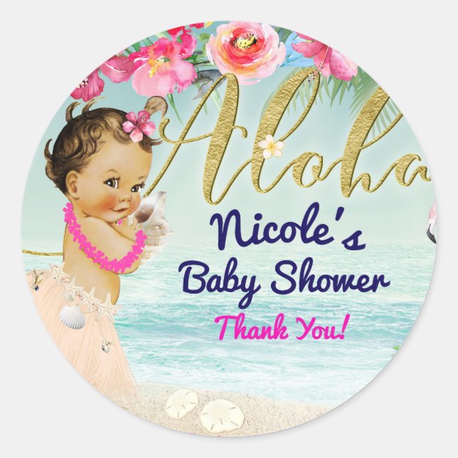 Aloha Baby Dusche Hawaiian Retro Beach Gastgeschen Runder Aufkleber (Vorderseite)