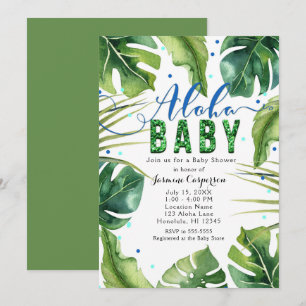 ALOHA BABY Dusche Tropische Blätter Blaugrün Einladung