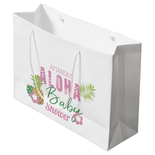 Aloha Baby Pink & Green Tropical Girl Baby Dusche Große Geschenktüte (Vorderseite Schrägansicht)