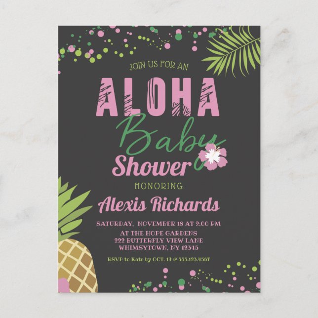 Aloha Baby Pink Tropical Girl Babydusche Dark Einladungspostkarte (Vorderseite)