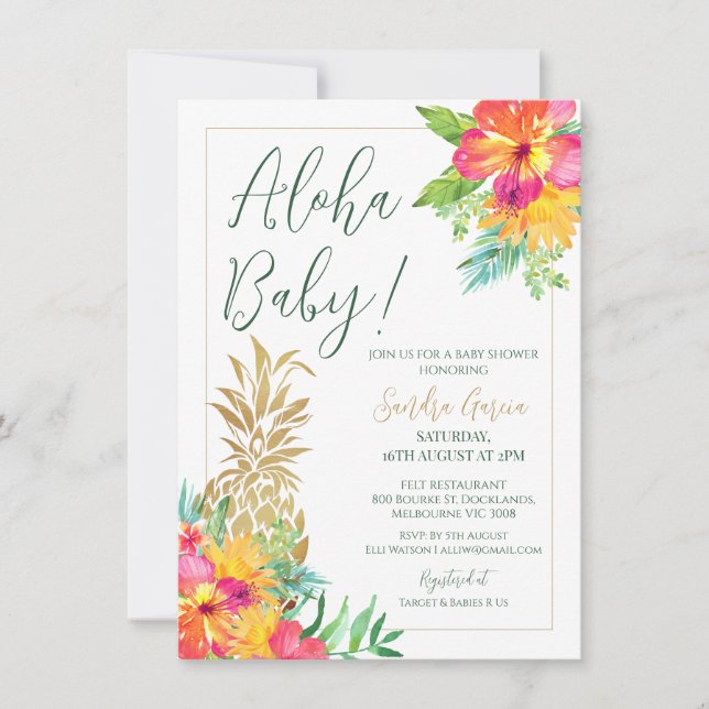 Aloha Baby Tropical Floral Ananas Dusche Einladung (Vorderseite)