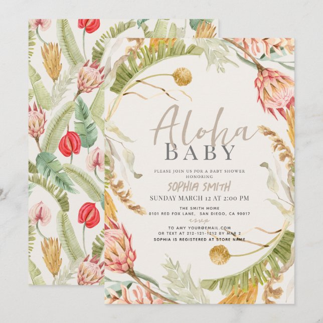 Aloha Baby Tropical Floral Botanical Baby Dusche Einladung (Vorne/Hinten)