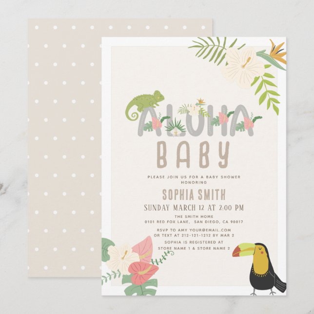 Aloha Baby Tropical Floral Toucan Baby Shower Einladung (Vorne/Hinten)