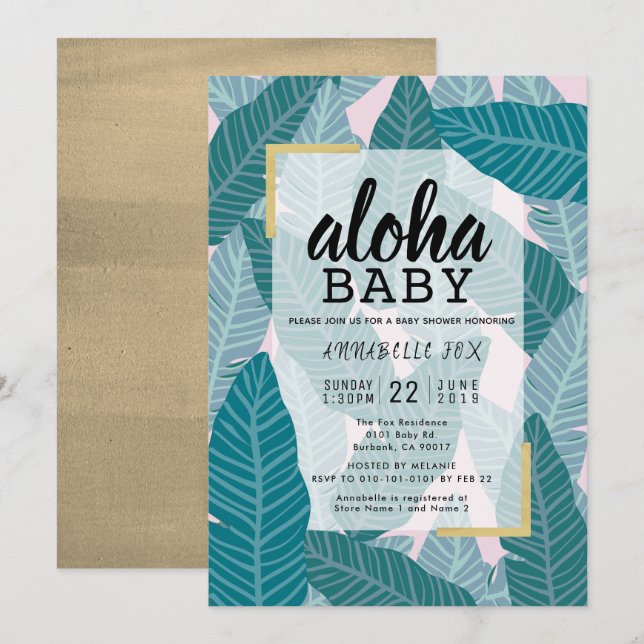 "Aloha Baby" Tropische Blätter Pink Baby Dusche Einladung (Vorne/Hinten)