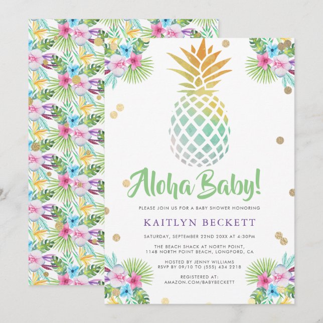 Aloha Baby! Wasserfarben Ananas Babydusche Einladung (Vorne/Hinten)