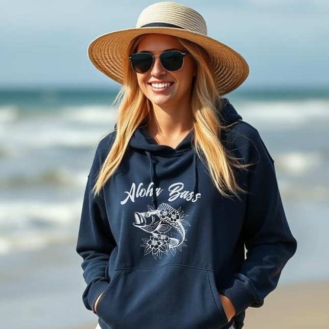 Aloha Bass Hawaiian Hoodie (Aloha Bass Hawaiian, Tropical Flowers, Fisherman Core Style Trend, Hoodie)