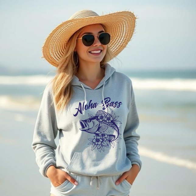 Aloha Bass Hawaiian Tropical Blume- Hoodie (Aloha Bass Hawaiian Tropical Flowers, Fisherman Core, Summer Hoodie, Beach Hoodie, Blue)