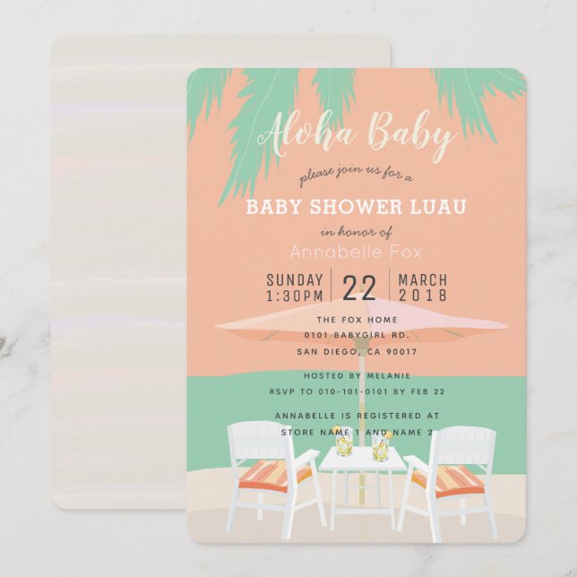 Aloha Beach Coral Pink Baby Dusche Einladung (Vorne/Hinten)