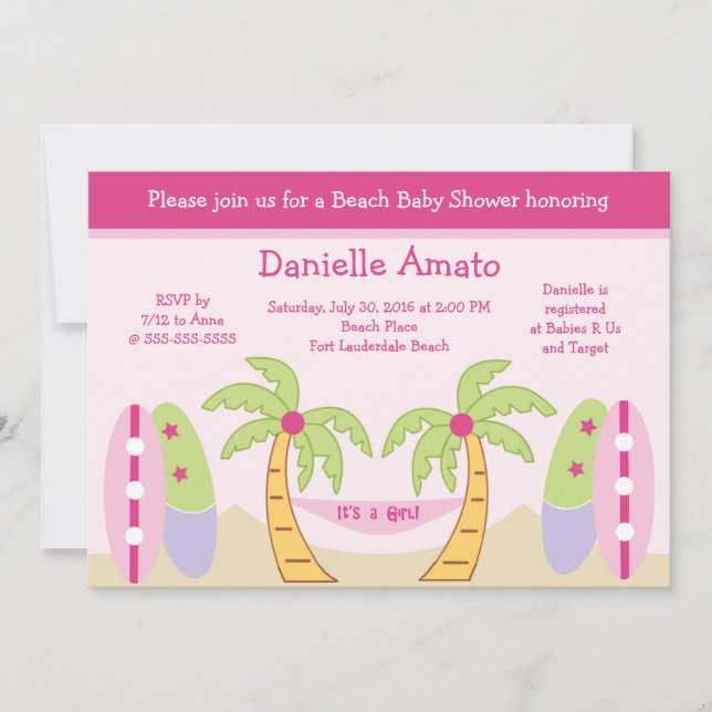 Aloha Beach Party Baby Girl Dusche Einladung (Vorderseite)