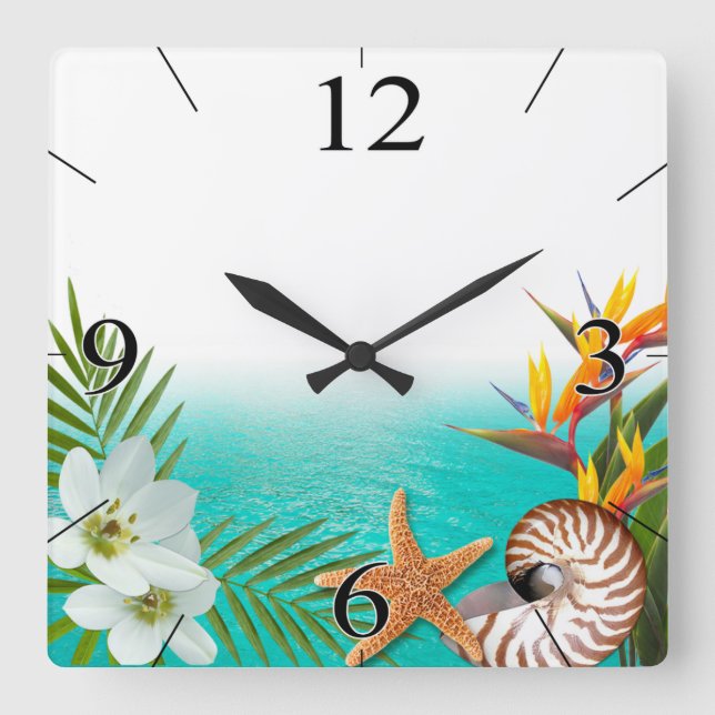 Aloha Beach Plumeria Frangipani Nautilus Quadratische Wanduhr (Vorderseite)