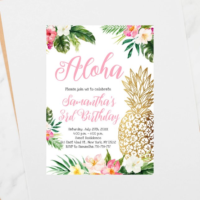 Aloha Birthday Luau Hawaiian Gold Ananas Einladung (Von Creator hochgeladen)