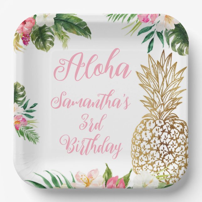 Aloha Birthday Luau Hawaiian Gold Ananas Pappteller (Vorderseite)