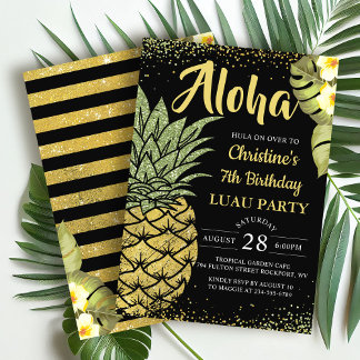 Aloha Black Gold tropische Ananas Geburtstag Einladung
