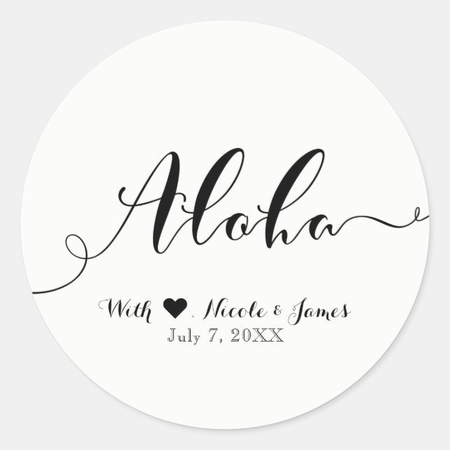 ALOHA Black Script Chic Hawaiian Luau White Favor Runder Aufkleber (Vorderseite)