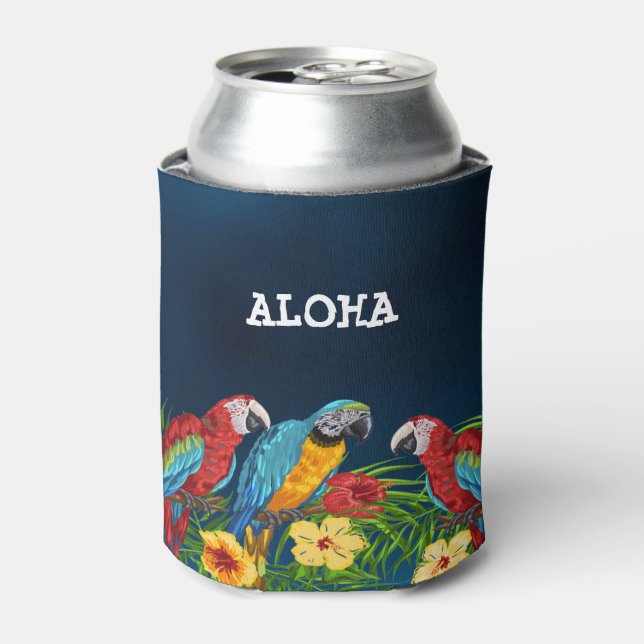 Aloha Blätter mit blauen Papageien Dosenkühler (Kanne Vorderseite)