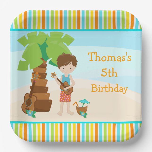 Aloha Brown Hair Boy Party Pappteller (Vorderseite)