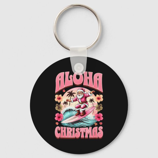 Aloha Christmas Santa Claus Surfing Hawaiian Mele  Schlüsselanhänger (Vorderseite)