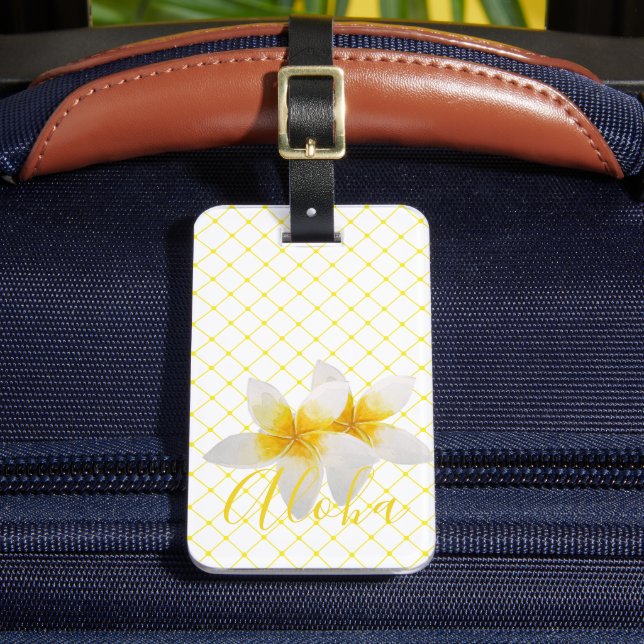Aloha | Elegante tropische Blume & Gelbe Trellis Gepäckanhänger (Vorderseite Insitu 2)
