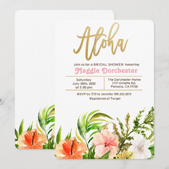 Aloha Fête des mariées tropicale Invitation floral (Devant / Derrière)
