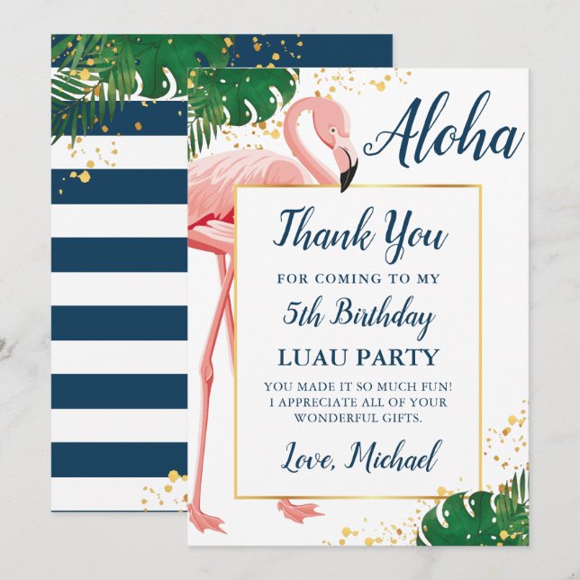 Aloha Flamingo Blue Gold Tropical Birthday Dankeskarte (Vorne/Hinten)