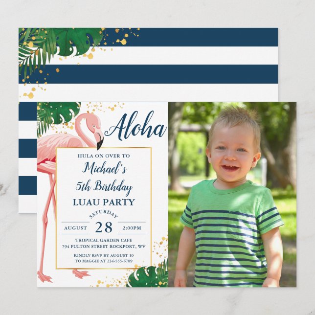 Aloha Flamingo Blue Gold Tropical Birthday Foto Einladung (Vorne/Hinten)