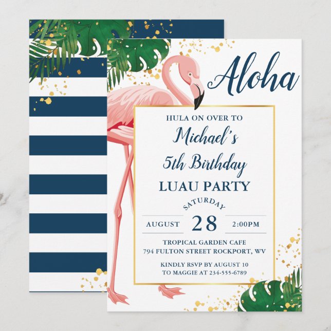 Aloha Flamingo Blue Gold Tropical Luau Birthday Einladung (Vorne/Hinten)
