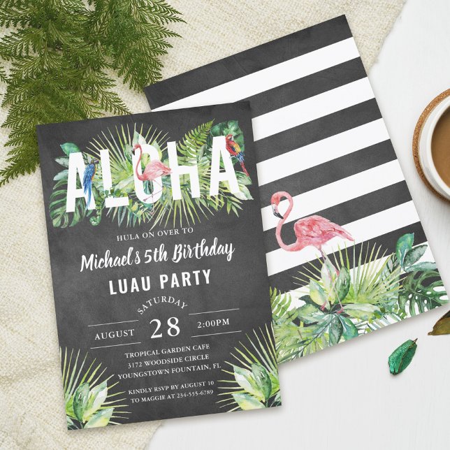 Aloha Flamingo Tropical Birds Black Luau Birthday Einladung (Von Creator hochgeladen)