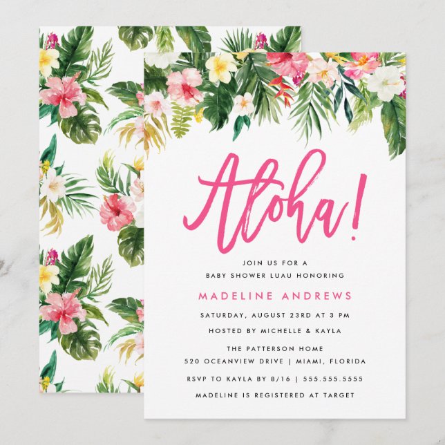 Aloha Floral | Einladung zur Tropical Baby Shower (Vorne/Hinten)