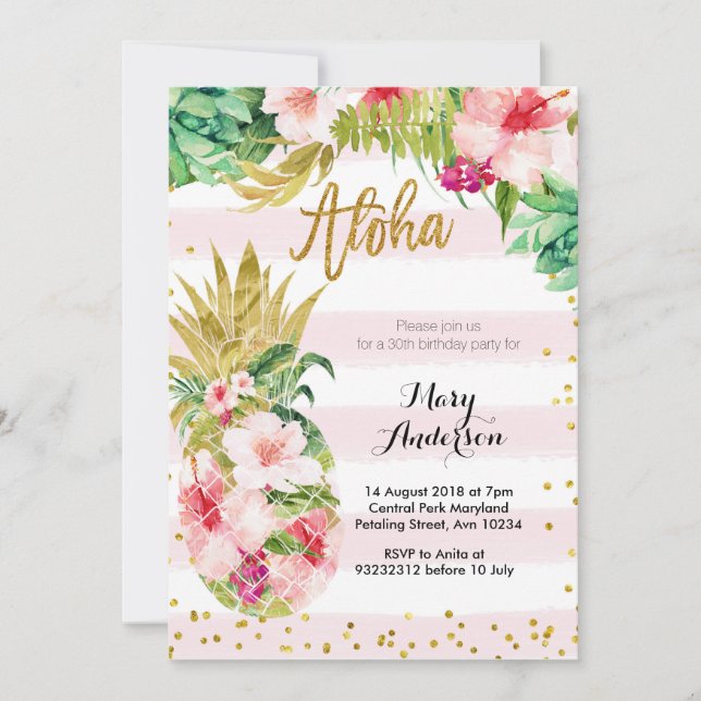 Aloha Gold Anniaphe Invitation Anniversaire Adulte (Devant)