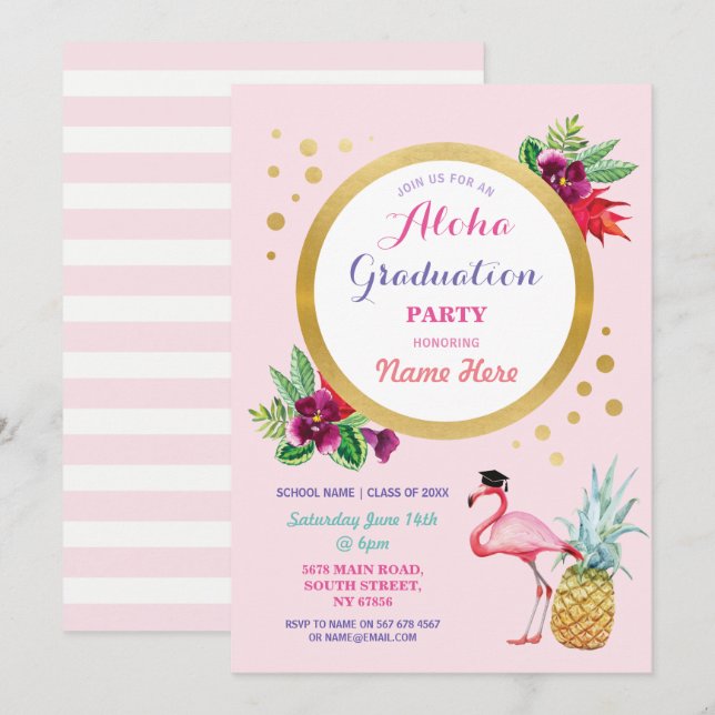 Aloha Graduation Party Flamingo Einladung Tropical (Vorne/Hinten)
