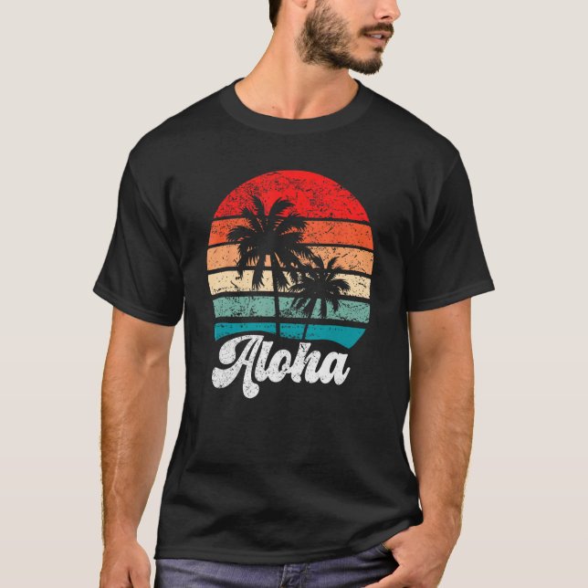 Aloha Hawaii Hawaiian Island Palm Tree Beach Retro T-Shirt (Vorderseite)