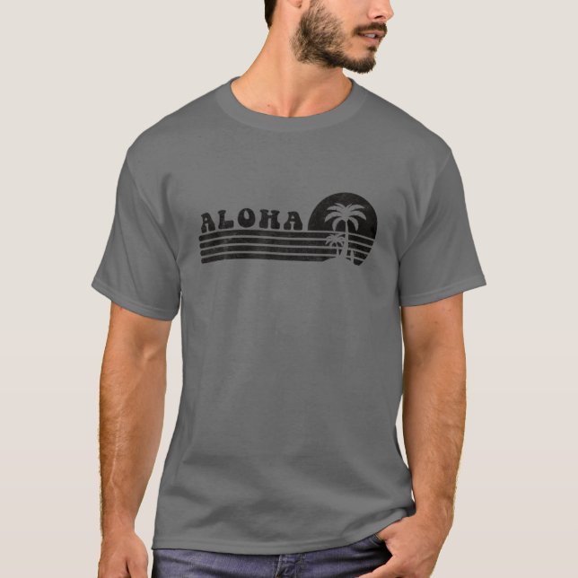 Aloha Hawaii HI Hawaiian Island Palm Tree Surfboar T-Shirt (Vorderseite)