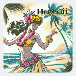 Aloha   Hawaii Hula Dancer am Strand Quadratischer Aufkleber