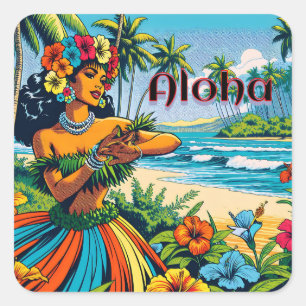 Aloha   Hawaii Hula Dancer am Strand Quadratischer Aufkleber