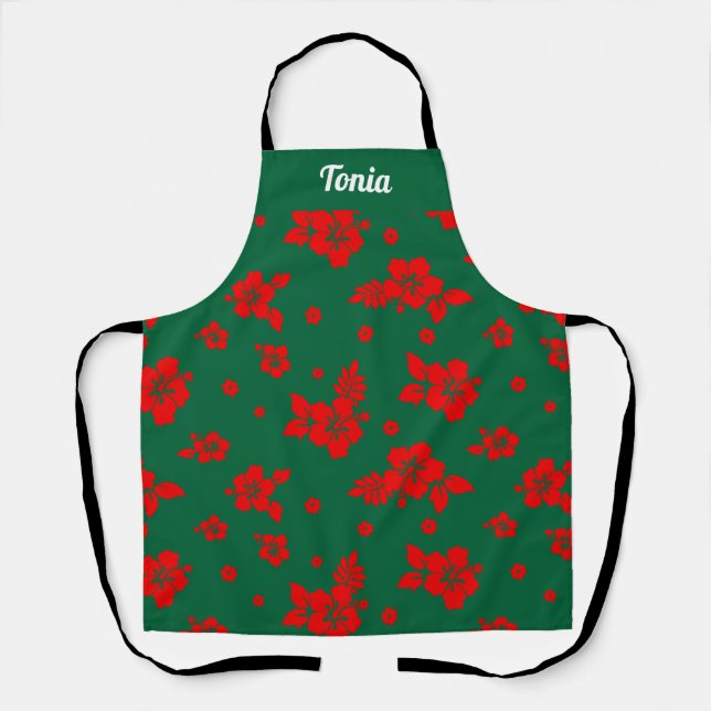 Aloha Hawaii Red über grünes Weihnachtsmuster Schürze (Vorderseite)