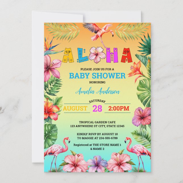 Aloha Hawaii Tropical Floral Flamingo Baby Dusche Einladung (Vorderseite)