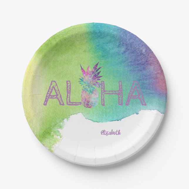 Aloha Hawaiian Ananas, Aquarellpflasche Pappteller (Vorderseite)