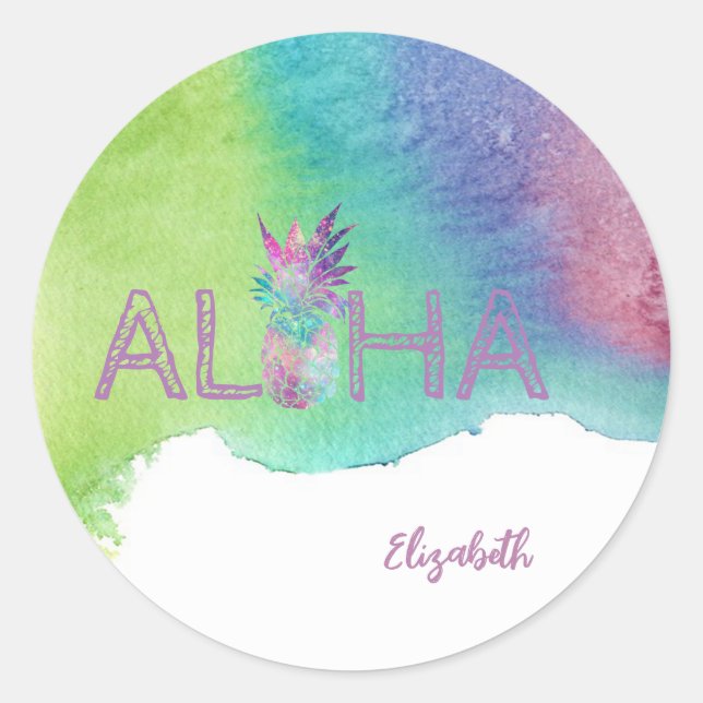 Aloha Hawaiian Ananas, Aquarellpflasche Runder Aufkleber (Vorderseite)