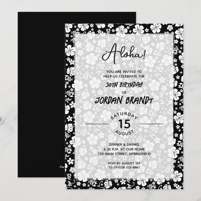 Aloha Hawaiian Floral Black and White Birthday Einladung (Vorne/Hinten)
