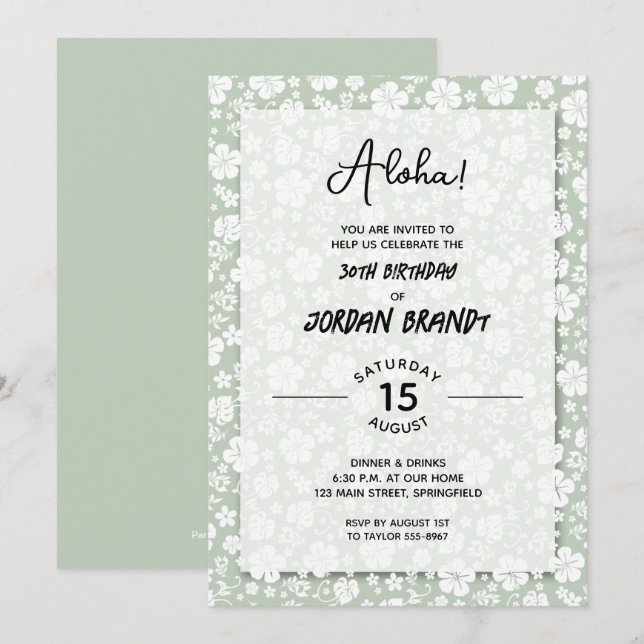 Aloha Hawaiian Floral Sage Birthday Party Einladung (Vorne/Hinten)