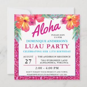 Aloha Hawaiian Luau Hibiskus Rosa Glitzer