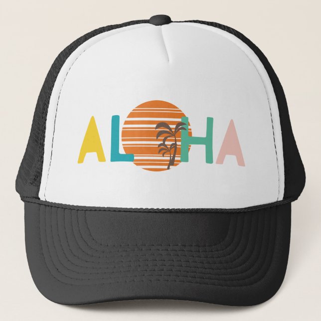 "Aloha" Hawaiian Multicolor Beach Sunset Palm Tree Truckerkappe (Vorderseite)