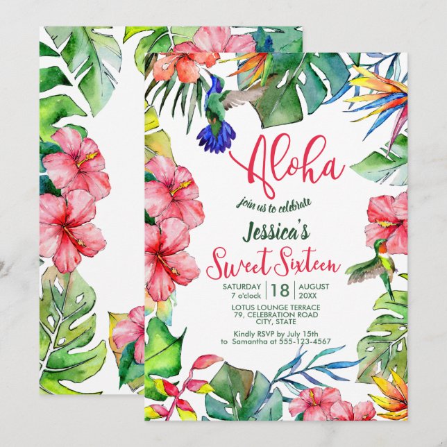 Aloha Hawaiian Tropical 16 . Geburtstag Einladung (Vorne/Hinten)