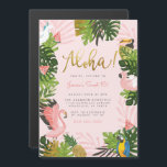 Aloha! | Hawaiian Tropical Summer Flamingo Party Magneteinladung<br><div class="desc">Das ist eine unserer beliebtesten tropischen Party Einladungen! Feiern Sie Ihren kleinen Tag mit dieser hawaiianischen tropischen Party Einladung. Dieses Design zeigt wunderschöne Ananas, niedliche Flamingos, Goldmonstera-Blätter, Wassermelonen, Einhörner, einen Toucan und einen Papagei! Sie sind eingeladen, um (Ihren Namen)'s Sweet 16" in moderner und freundlicher Schrift. Klicken Sie auf den...</div>