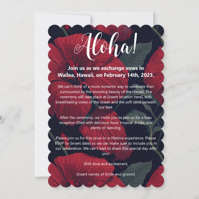 Aloha Hawaiian Wedding Red Hibiskus Einladung (Vorderseite)