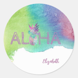 Aloha Hawaiianische Ananas, Wasserfarbspritzer Runder Aufkleber