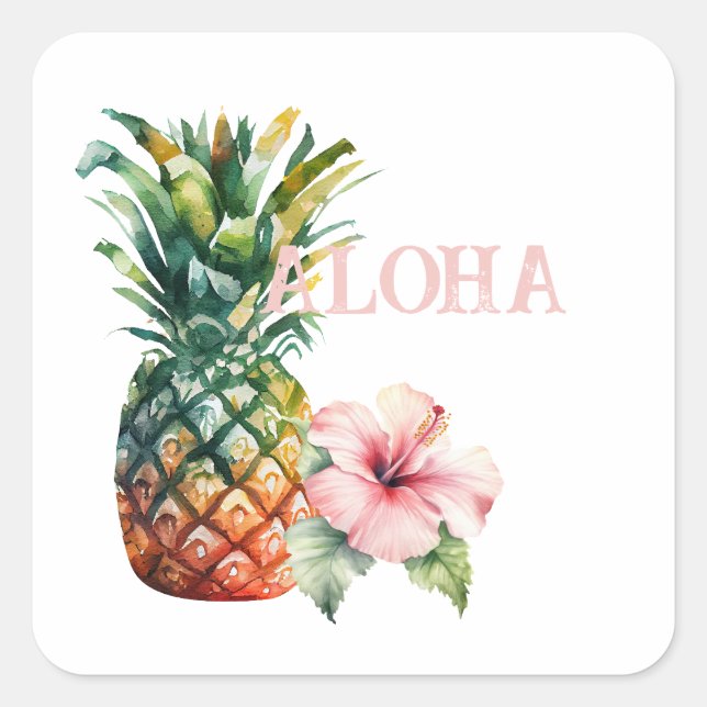 Aloha Hibiskus Blume Ananas Quadratischer Aufkleber (Vorderseite)