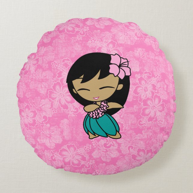 Aloha Honeys Pink Hula Girl Hawaiian Hibiskus Rundes Kissen (Vorderseite)