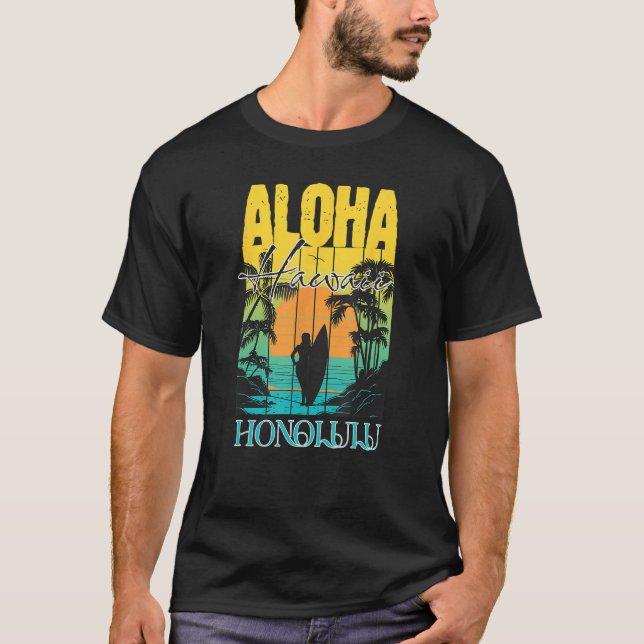 Aloha Honolulu Oahu Hawaii Surfer Sunset Waikiki B T-Shirt (Vorderseite)