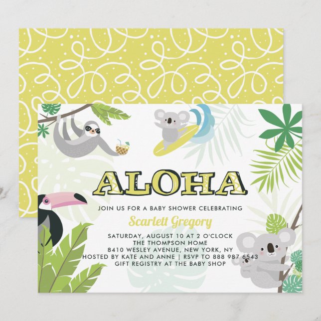 Aloha Koala Tropical Baby Dusche Einladung (Vorne/Hinten)
